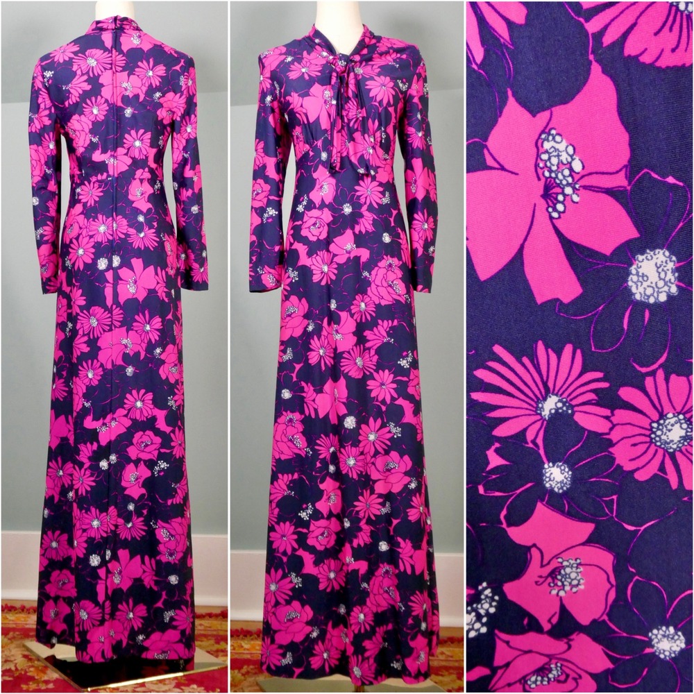 Vintage 1960s Flower Power Maxi Dress Pink Purple Floral 60s Retro Groovy Cute